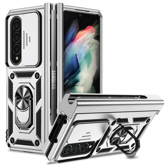 for Galaxy Z Fold 4 Case, Soft TPU & Hard PC Anti-scratch Sliding Cover Full Protection Ring Stand Rotating Kickstand Holder Magnetic Shockproof Phone Case Cover for Samsung Z Fold 4 5G,Silver