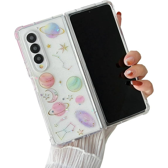 Galaxy Z Fold 4 Clear Case, Soft Clear Flexible Rubber Planet Space Stars Sparkle Case Girls Women Glitter Shockproof Protective Case for Samsung Galaxy Z Fold 4 -Universe