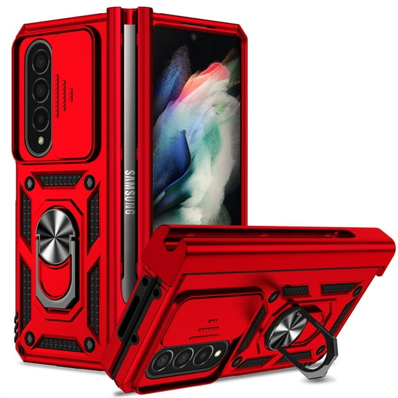 Galaxy Z Fold 4 Kickstand Armor Case with Slide Camera Lens Protection Cover Built-in 360掳 Rotate Ring Holder Stand Magnetic Military Shockproof Phone Cover Case for Samsung Galaxy Z Fold 4, Red