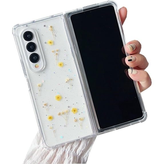Galaxy Z Fold 4 Real Flower Case, Soft Clear Flexible Rubber Pressed Dry Real Flowers Case Girls Women Glitter Floral Cover for Samsung Galaxy Z Fold 4 -Yellow