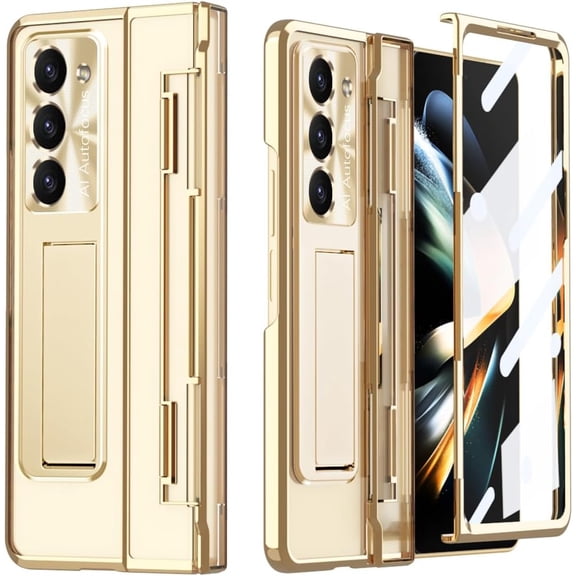 for Galaxy Z Fold 5 Case with Hinge Protection Electroplating Design Built-in Screen Protector Lightweight Kickstand Protective Phone Case for Samsung Galaxy Z Fold 5 2023 (Gold)