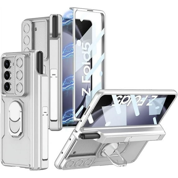 for Galaxy Z Fold 5 Case with S Pen Holder, Hinge Protection, 360° Ring Magnetic Kickstand, Slide Camera Cover, Front Screen Protector - Perfect for Samsung Z Fold 5 Case, Silver