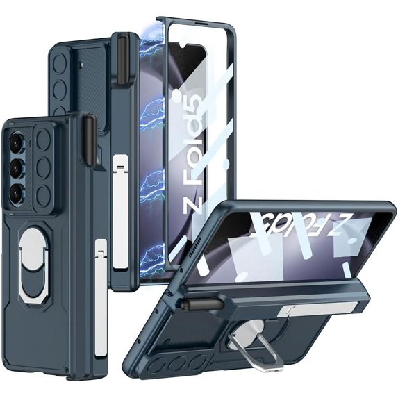 for Galaxy Z Fold 5 Case with S Pen Holder, Hinge Protection, 360° Ring Magnetic Kickstand, Slide Camera Cover, Front Screen Protector - Perfect for Samsung Z Fold 5 Case, Green
