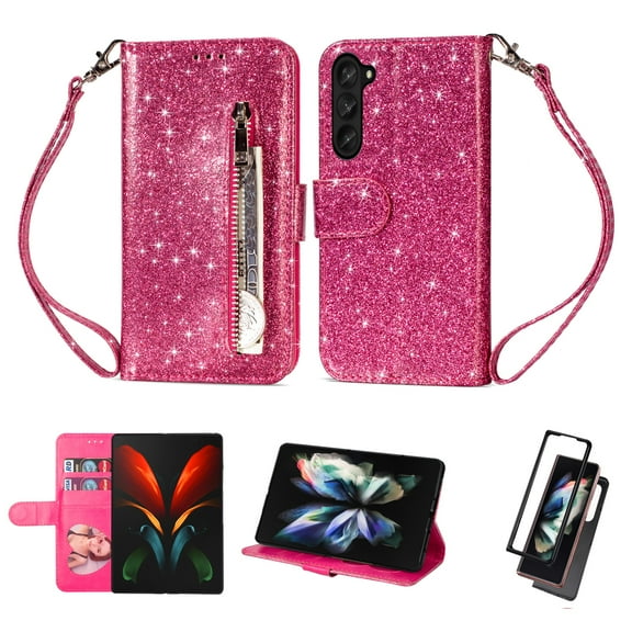 Galaxy Z Fold 5 Case Wallet, PU Leather Glitter Bling Shockproof Stand Hand Wrist Zipper Pocket Wallet Case Cover Case for Samsung Galaxy Z Fold 5 5G - Rose