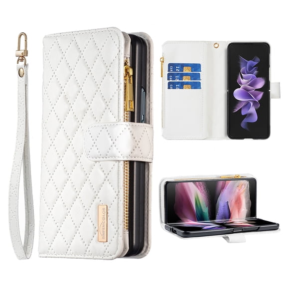 Galaxy Z Fold 5 Women Wallet Case, Magnetic Leather Purse Zipper Wallet Folio Flip Credit Card Coin Stand Case with Wristp Hand Strap Lanyard Compatible with Samsung Galaxy Z Fold 5,
White