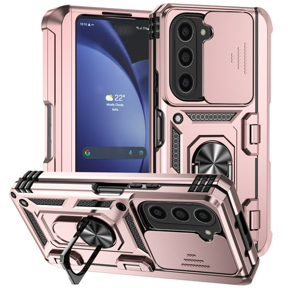 for Galaxy Z Fold 6 Case, Soft TPU & Hard PC Anti-scratch Sliding Cover Full Protection Ring Stand Rotating Kickstand Holder Magnetic Shockproof Phone Case Cover for Samsung Z Fold 6 5G, Rosegold