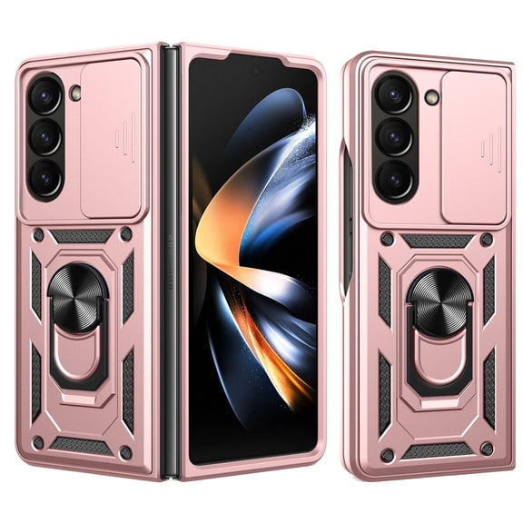 Galaxy Z Fold 6 Case, TECH CIRCLE 360 Ring Kickstand Magnetic & Slide Camera Protector Military-Grade Rugged Hybrid Protective Cover for Samsung Galaxy Z Fold 6 2024,Rosegold