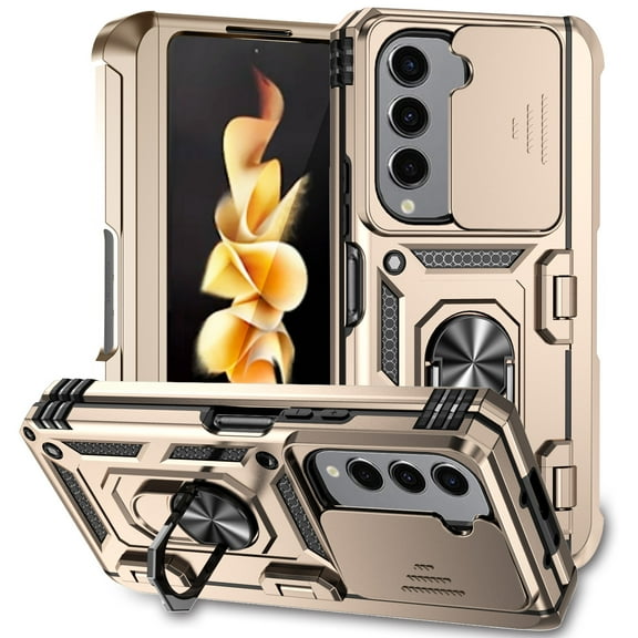 Galaxy Z Fold 6 Kickstand Armor Case with Slide Camera Lens Protection Cover Built-in 360° Rotate Ring Holder Stand Magnetic Military Shockproof Phone Cover Case for Samsung Galaxy Z Fold 6, Gold