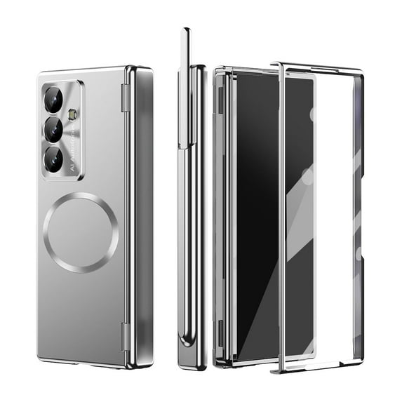 Galaxy Z Fold 7 Case with Screen Protector & Stylus - TECH CIRCLE Compatible with MagSafe & Wireless Charging, Magnetic Hinge Protection, Full Body Shockproof Anti-Scratch Hard PC Cover, Silver