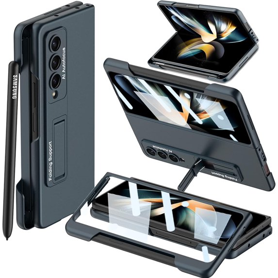 Galaxy Z Fold4 Cellular Phone Case, Blue Green, Slim Shockproof Stand Case with S Pen Holder, Screen Protector, Magnetic Kickstand, for Samsung 5G