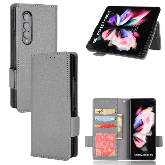 Galaxy Z Fold4 Wallet Case and Cover with Card Slots, Allytech Lychee Pattern PU Leather Flip Anti-Scratch Magnetic Closure Kickstand Case for Samsung Z Fold 4 5G 2022, Gray