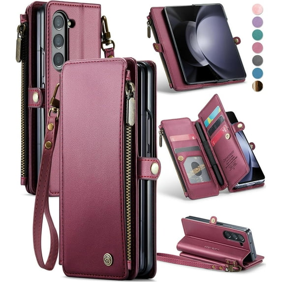 for Galaxy Z fold 5 Case, for Samsung Z fold 5 Case with Pen Holder Slot, 【RFID Blocking】 for Samsung Galaxy Z fold 5 Wallet Case with Card Holder Zipper Strap PU Leather Flip, Wine Red