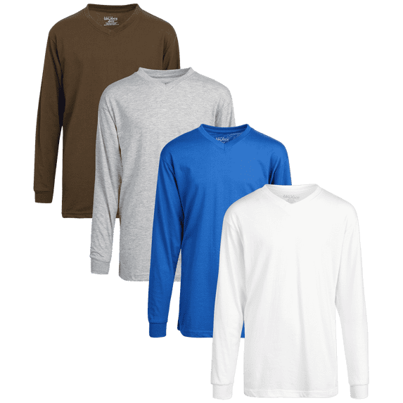 Galaxy by Harvic Boys Long Sleeve Shirts - Soft Cotton Basic Pullover Athletic V Neck Shirts for Boys 4 Pack