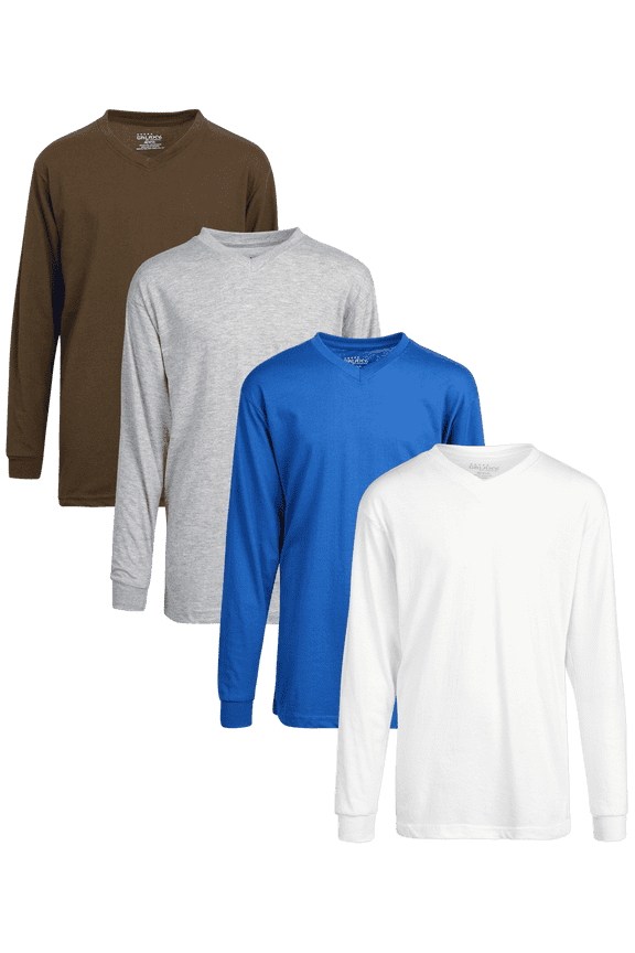 Boys Long Sleeve Shirts - Soft Cotton Basic Pullover Athletic V Neck Shirts for Boys 4 Pack