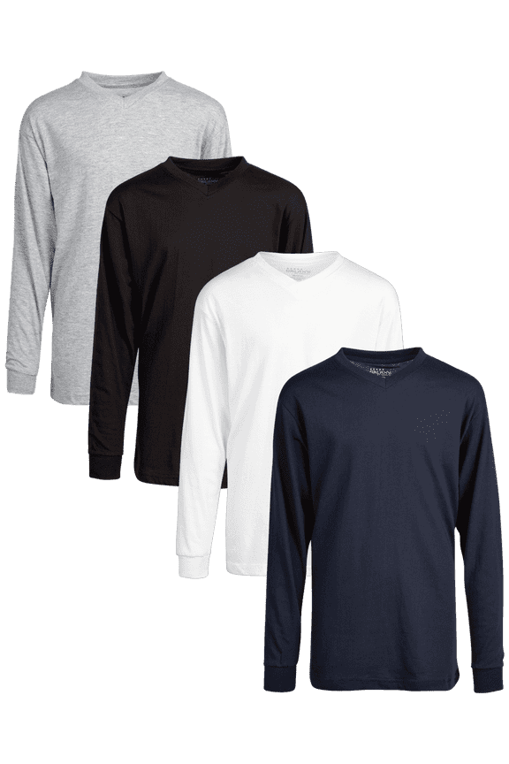 Boys Long Sleeve Shirts - 4 Pack Basic Pullover V Neck Shirts for Boys (S-XL)