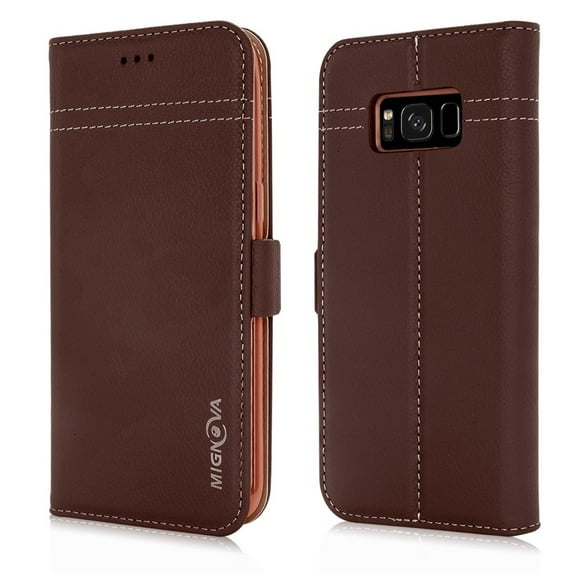 Galaxy s8 Case, Mignova Galaxy S8 Wallet Case Genuine Premium Leather Case (Magnetic Closure) (Card Holder) with Stand Flip for Samsung Galaxy S8 Galaxy S8 2017 Release (Brown)