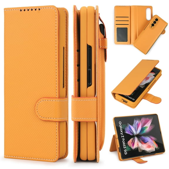 Galazy Z Fold 3 Wallet Case, PU Leather Wallet Card Slot Magnetic Detachable 2-Style 360 Full Protection Stylus Storage Phone Cover for Samsung Galaxy Z Fold 3 5g,Twillyellow