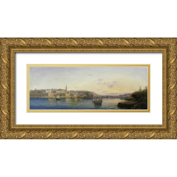 Galea, Luigi 18x9 Gold Ornate Wood Framed with Double Matting Museum Art Print Titled - Valetta Harbour, Malta; and Medina, Malta