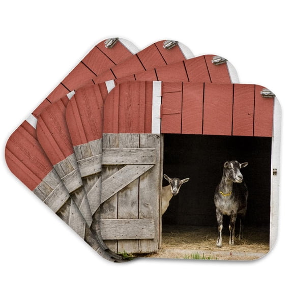 3drose, Galena, Illinois, Usa. Two Dairy Goats Standing in a Barn Entrance., Set of 4 Coasters - Soft