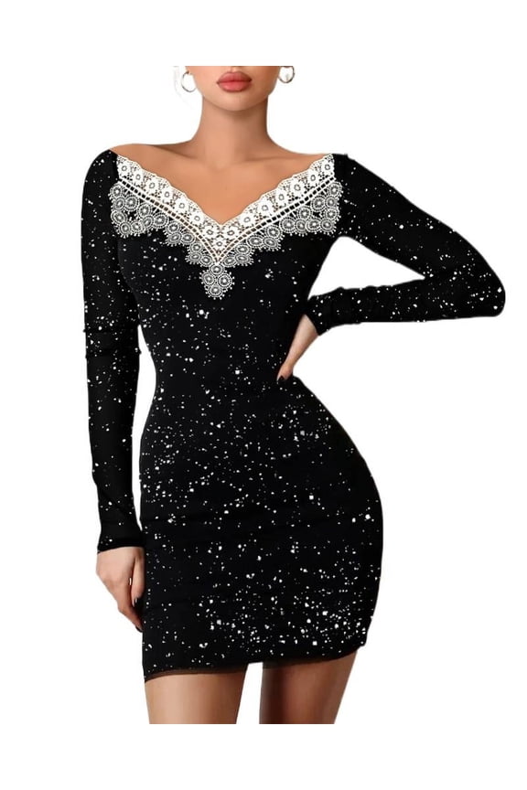 form-fitting, silver-embossed, one-shoulder, body-hugging black dress