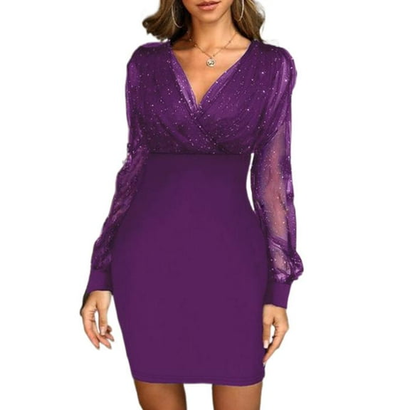 Galener mesh V-neck sequined evening dress, slimming and sexy dress