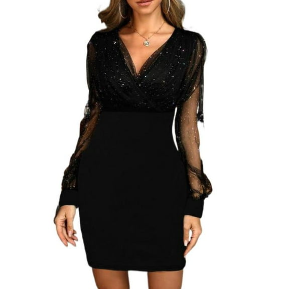 Galener mesh V-neck sequined evening dress, slimming and sexy dress