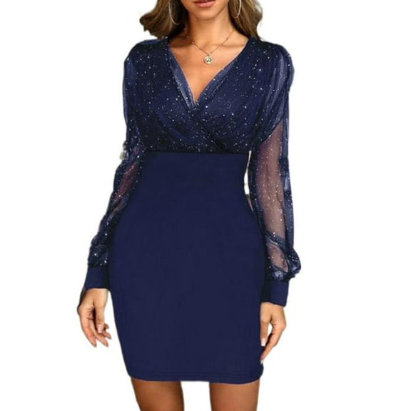 Galener mesh V-neck sequined evening dress, slimming and sexy dress
