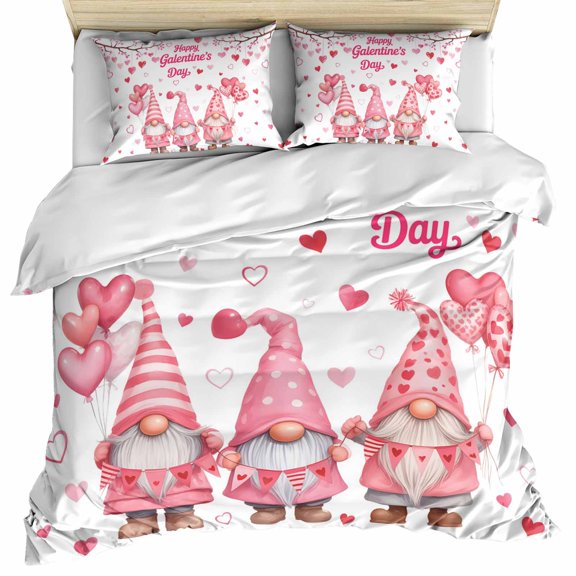 Galentine's Day Bedding 3 Piece Duvet Cover Set Queen Size, Pink Gnomes Love Heart Balloon Tree Branch Microfiber Comforter Cover with Zipper Closure & Pillowcases, FadeResistant Quilt Cover