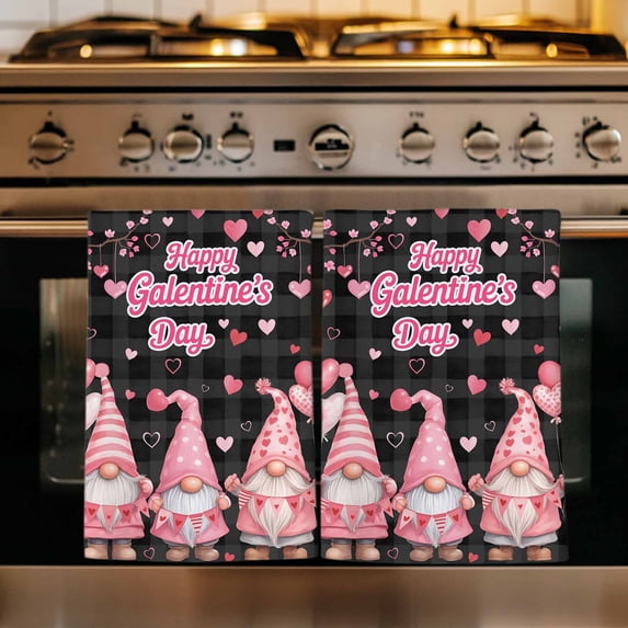 Galentine's Day Kitchen Towels Set of 3, Gnomes Pink Love Balloon Black Lattice Absorbent Dish Towels for Kitchen, Microfiber Hand Towel, Quick Drying Tea Towel for Cleaning Decorative Dishcloths