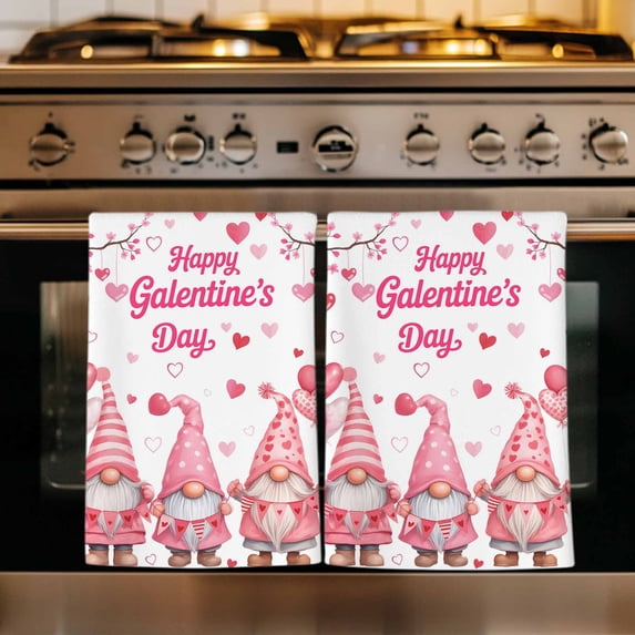 Galentine's Day Kitchen Towels Set of 3, Pink Gnomes Love Heart Balloon Tree Branch Absorbent Dish Towels for Kitchen, Microfiber Hand Towel, Quick Drying Tea Towel for Cleaning Decorative Dishcloths