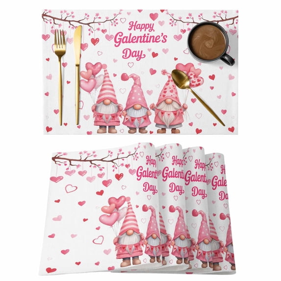 Galentine's Day Placemats Set of 4 Pink Gnomes Love Heart Balloon Tree Branch Place Mats Indoor Wipeable Table Mats Washable Dining Table Placemats for Kitchen Holiday Party Home Decor 13x19 Inch