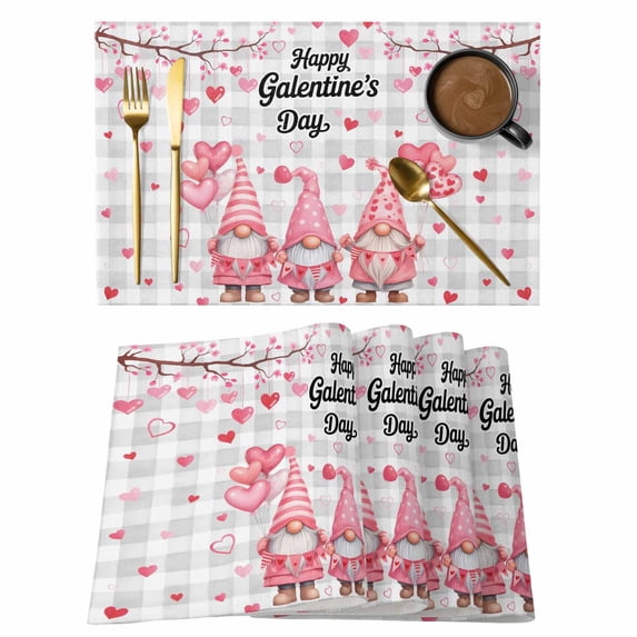 Galentine's Day Placemats Set of 8 Pink Gnomes Love Heart Grey Plaid Place Mats Indoor Wipeable Table Mats Washable Cloth Dining Table Placemats for Kitchen Holiday Party Home Decor 13x19 Inch