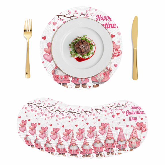 Galentine's Day Round 13 Inch Placemats Set of 8, Pink Gnomes Love Heart Balloon Tree Branch HeatResistant Non Slip Place Mats for Dining Table, Wipeable Braided Kitchen Table Mats for Housewarming