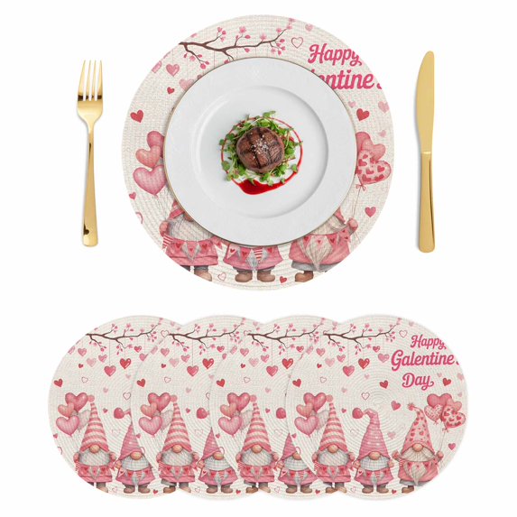 Galentine's Day Round 15 Inch Placemats Set of 4, Farmhouse Gnomes Love Balloon Tree HeatResistant Non Slip Place Mats for Dining Table, Wipeable Braided Kitchen Table Mats for Housewarming