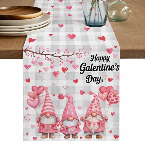 Galentine's Day Table Runner 90 Inches, Pink Gnomes Love Heart Grey Plaid Bed Runner Dresser Scarves Tabletop for Indoor Outdoor Parties/Ceremony/Banquet, 13" x 90"
