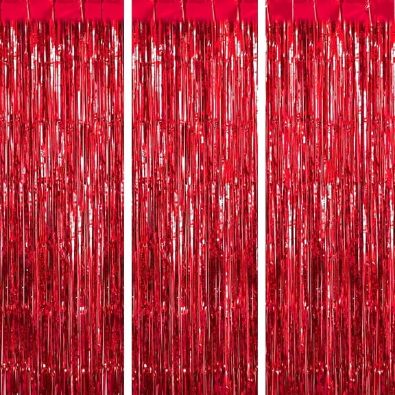 Galentines Day Decorations, 3Pcs 3.3ft x6.6ft Red Tinsel Backdrop Streamer Foil Fringe Curtains Photo Booth Backdrop,Wedding Photo Backdrop Party Decoration for Bachelorette Wedding Birthday