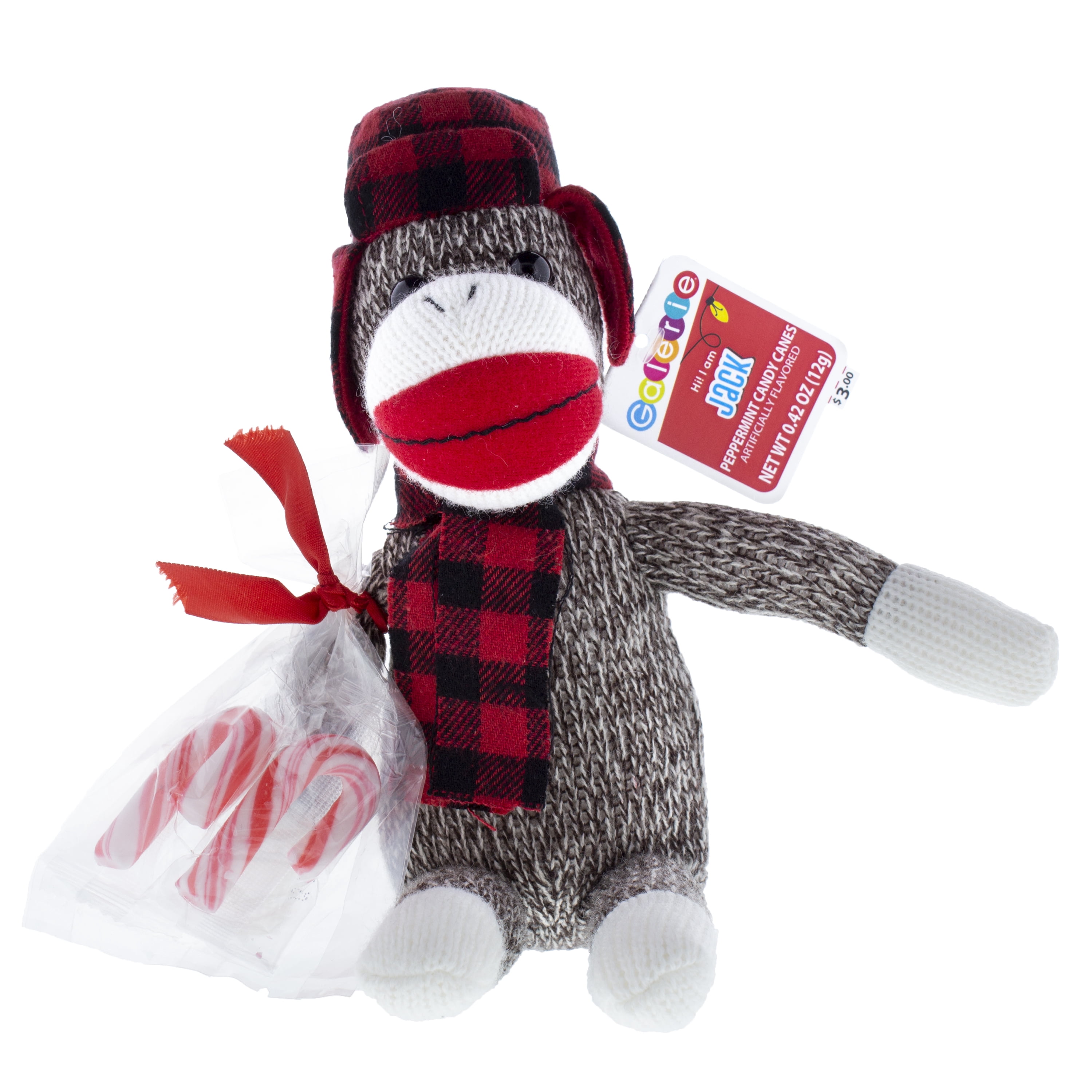 Galerie Brown Sock Monkey with Lumberjack Hat & Scarf, Peppermint Candy Canes