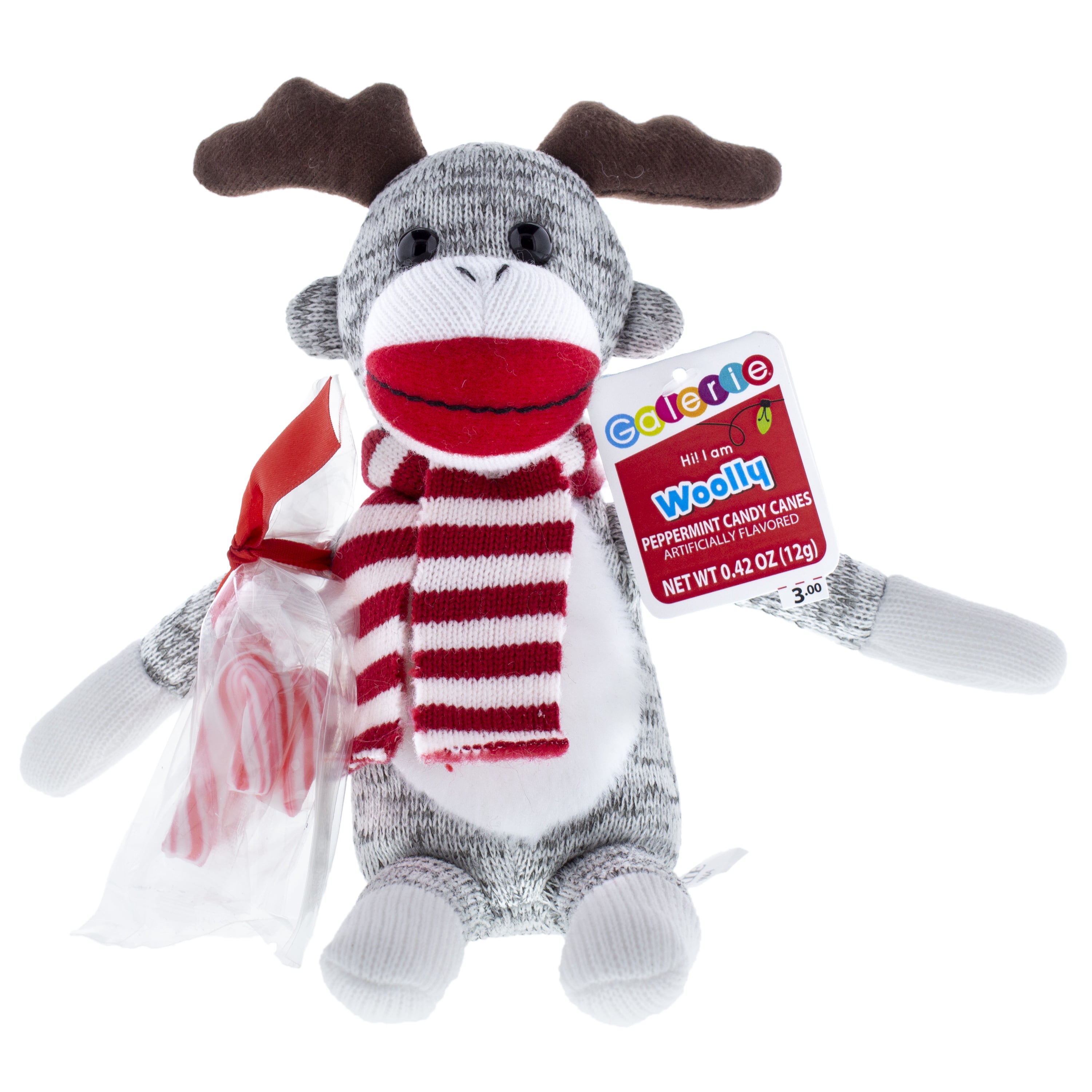 Galerie Gray Sock Monkey with Fur Belly, Peppermint Flavored Candy Canes