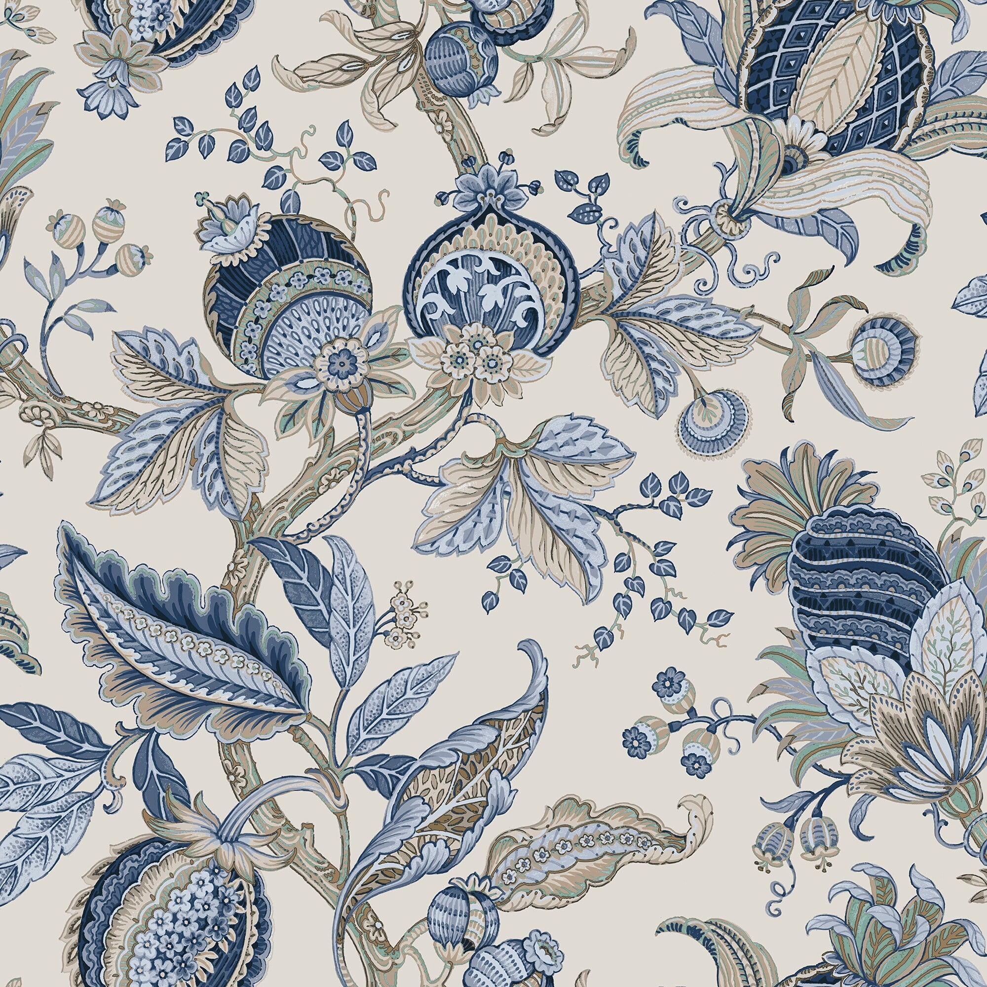 Cottage Chic Blue Damask Floral Non-Pasted Wallpaper Roll