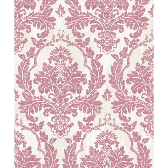 Galerie Wallcoverings  Cottage Chic Large Damask Vinyl on Non-woven Metallic Wallpaper Roll 33 feet x 21 inches - Pink