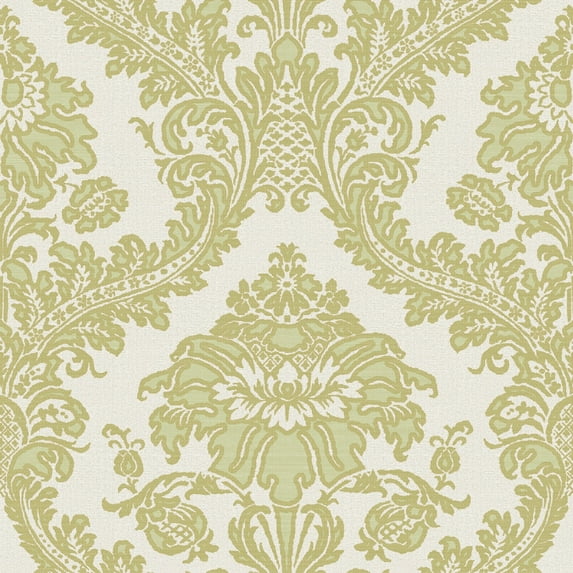 Galerie Wallcoverings Cottage Chic Traditional Damask Vinyl on Non-woven Metallic Wallpaper Roll 33 feet x 21 inches - Green