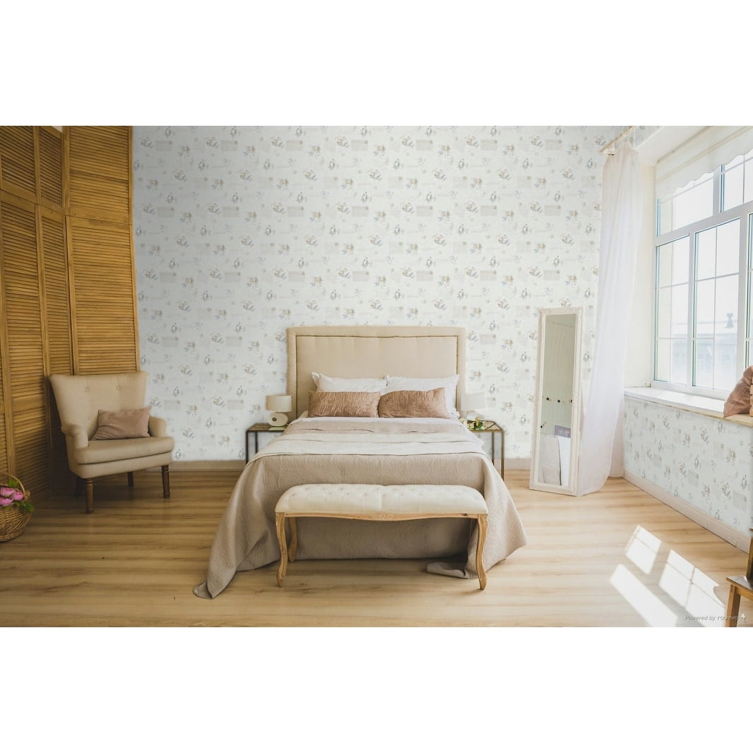 Blue and Beige Floral Vintage Rose Wallpaper Roll