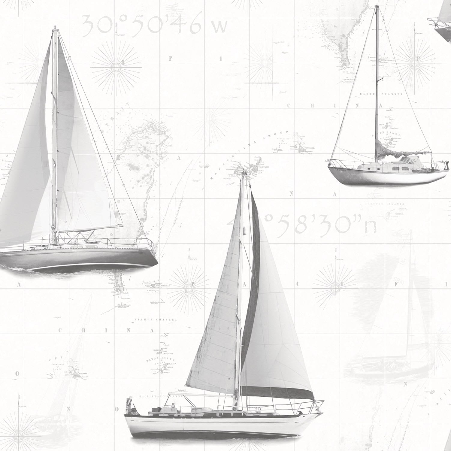 Gray Nautical Yachts Smooth Non-Woven Wallpaper Roll