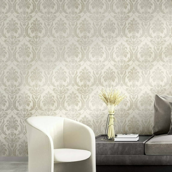 Galerie Wallcoverings Italian Style Classic Floral Damask Vinyl on Non-woven Luster Wallpaper Roll 33 feet x 21 inches - Beige