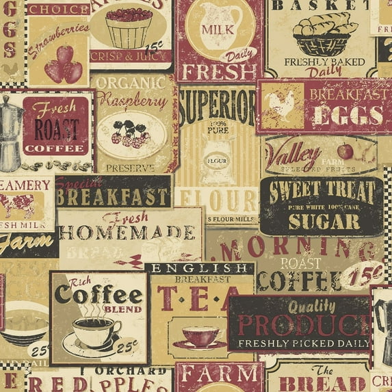 Galerie Wallcoverings Kitchen Recipes Breakfast Labels Vinyl on Non-woven Matte Wallpaper Roll 33 feet x 21 inches - Red/Beige/Black