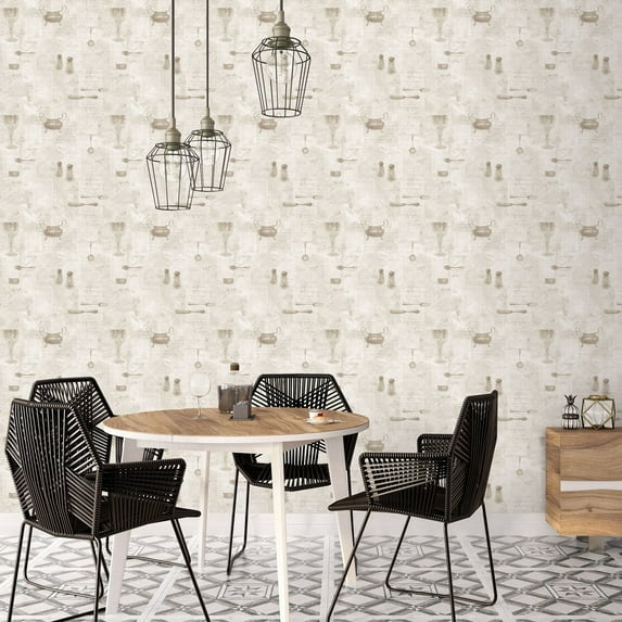 Galerie Wallcoverings Kitchen Restaurant Text Vinyl on Non-woven Matte Wallpaper Roll 33 feet x 21 inches - Beige/White