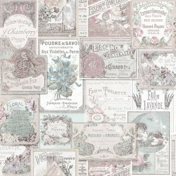 Galerie Wallcoverings Nostalgie Collection Perfume Labels Non-woven Matte Wallpaper Roll 33 feet x 21 inches - Pink