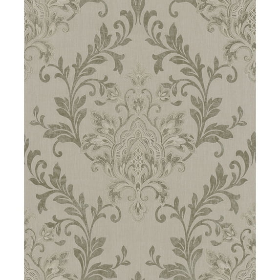 Galerie Wallcoverings Serene Collection Metallic Ornamental Damask Vinyl on Non-woven Wallpaper Roll 33 feet x 21 inches - Brown