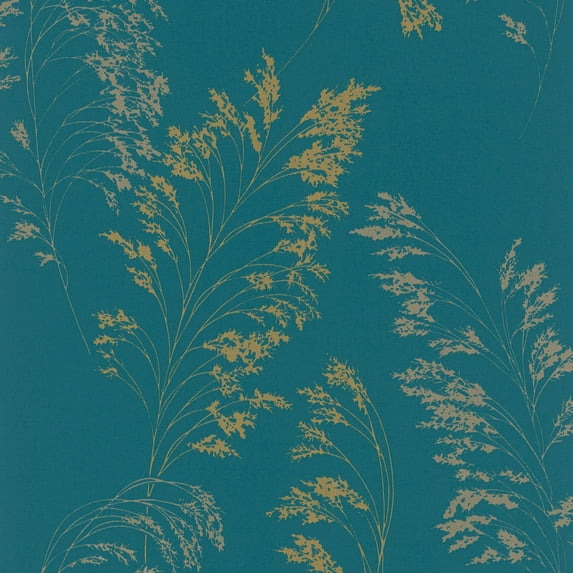 Galerie Wallcoverings Shrub Leaf On Plain Linen Texture Vinyl on Non-woven Soft Metallic Wallpaper Roll 33 feet x 21 inches - Teal/Gold