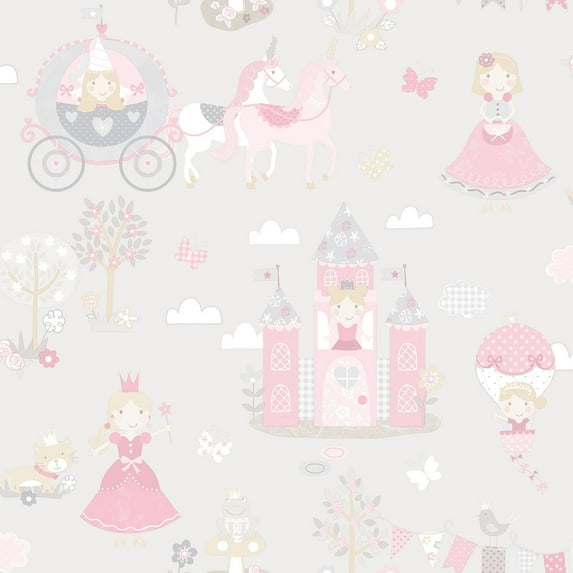 Galerie Wallcoverings Tiny Tots 2 Fairytale Princess Non-woven Matte Wallpaper Roll 33 feet x 21 inches - Grey/Pinks
